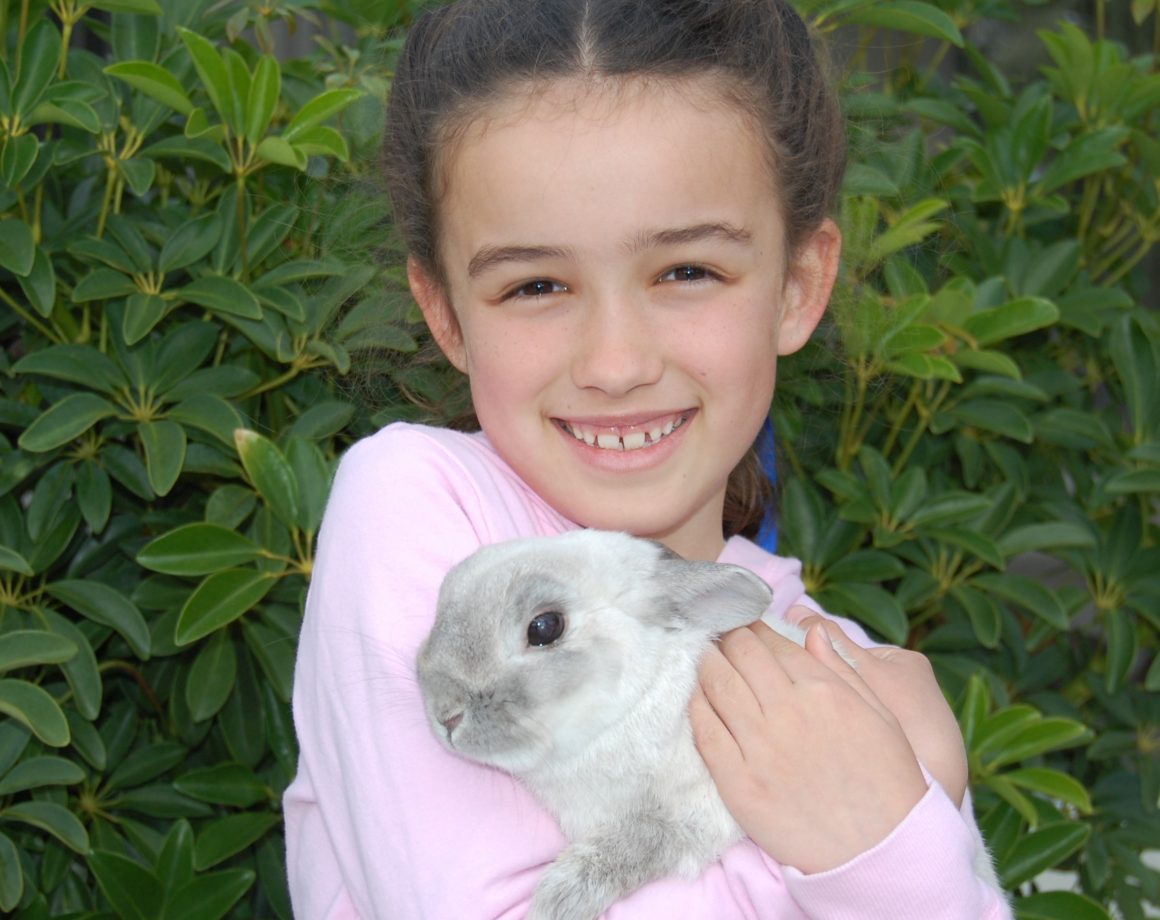 little girl with gray bunny
